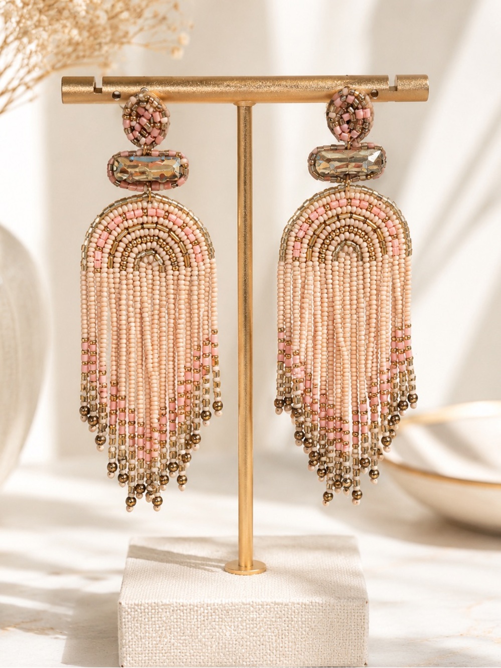 Blush Pink Seed Bead Fringe Chandelier Earrings Gold Crystal Statement 4”